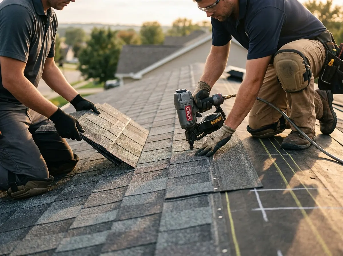 Professional roofer working on a residential roof in South Elgin
